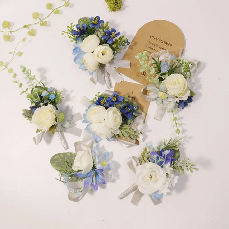 Boutonniere And Wrist Corsage Western style Forest style Guests Banquet Party Wedding Supplies Fresh White Blue