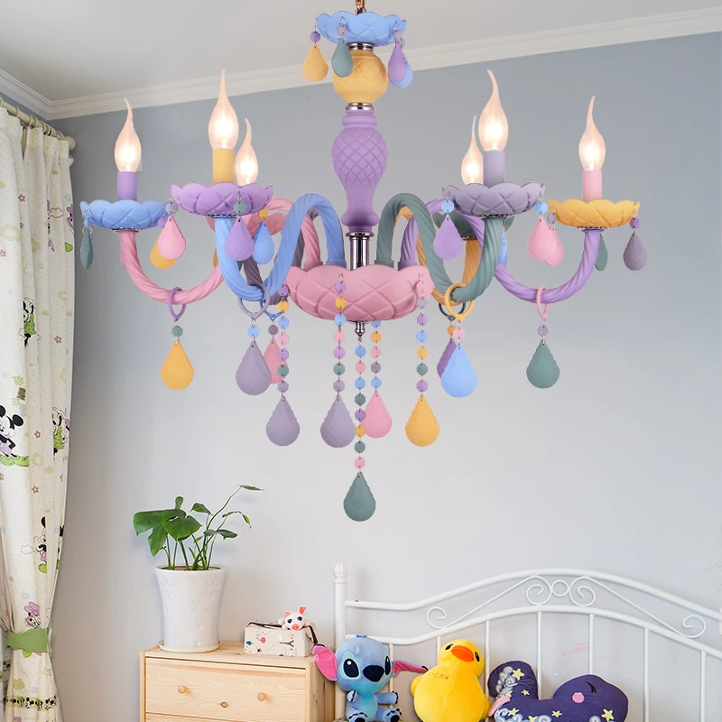 Imagem -06 - Macaron Moderno Colorido Candelabro de Cristal Arco-íris Vela Lustres Americano Menina Princesa Crianças Quarto Luminária Luminárias