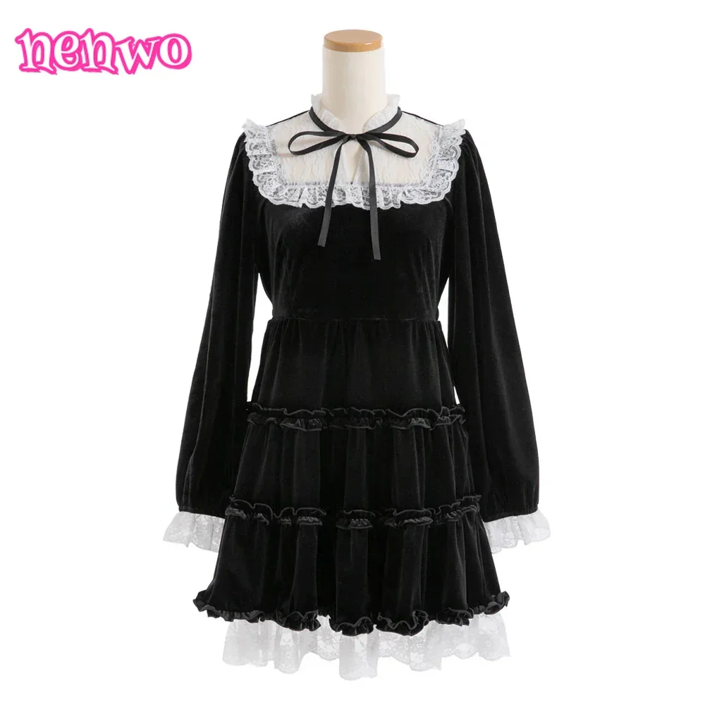 Outono inverno novo versátil elegante lolita estilo princesa veludo rendas retalhos em camadas vestido babados doce bonito vestido plissado