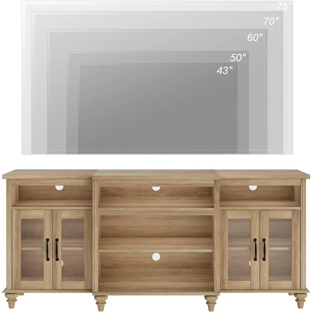 وحدة تحكم تلفزيون عالمية من خشب البلوط بأبواب زجاجية و9 خزائن تخزين لأجهزة التلفاز مقاس 75 بوصة