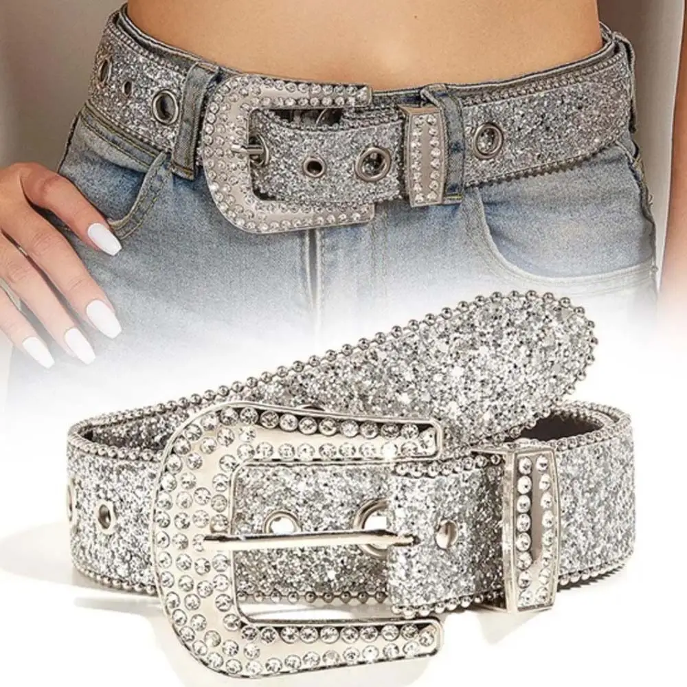 

Beads Bordered Shiny Wide Belt Solid Color Punk Style Rhinestone Waistband Strap Buckle Y2K Women PU Belt Festive Gift