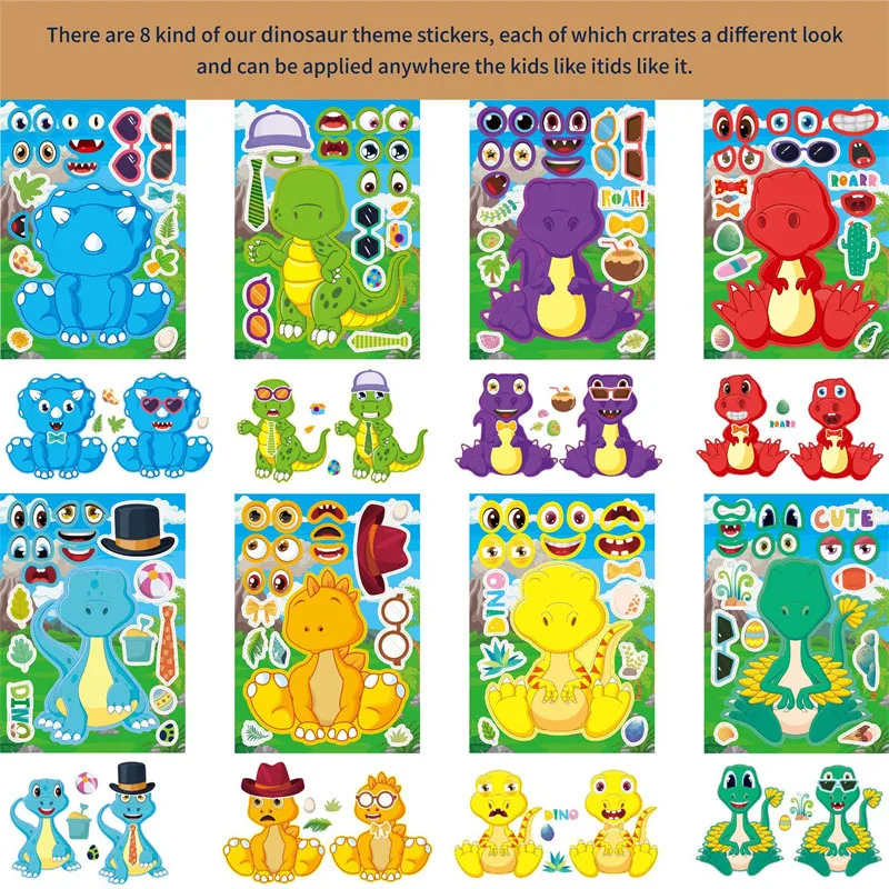 6-24sheets Children DIY Puzzle Stickers Mix and Match Dinosaur Make A Face Stickers Kids Party Favor Activeities Supplies Crafts