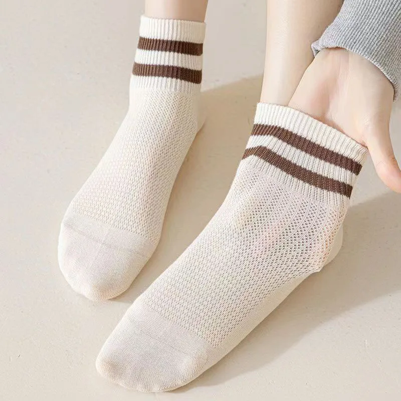 5 pares de calcetines de cuello redondo a rayas neutrales primavera otoño absorbente de sudor transpirable pareja deportes calcetines de ocio para todas las estaciones