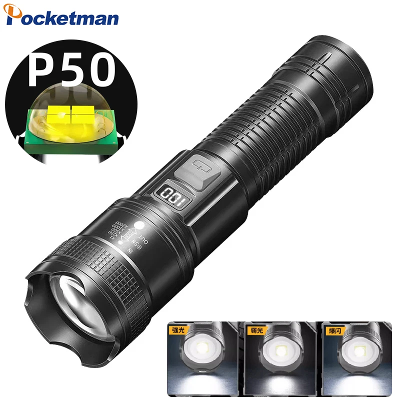 Outdoor Super Bright P50 LED Flashlight Telescopic Zoom Torch Portable USB Rechargeable Flashlights Long Range Hand Lantern