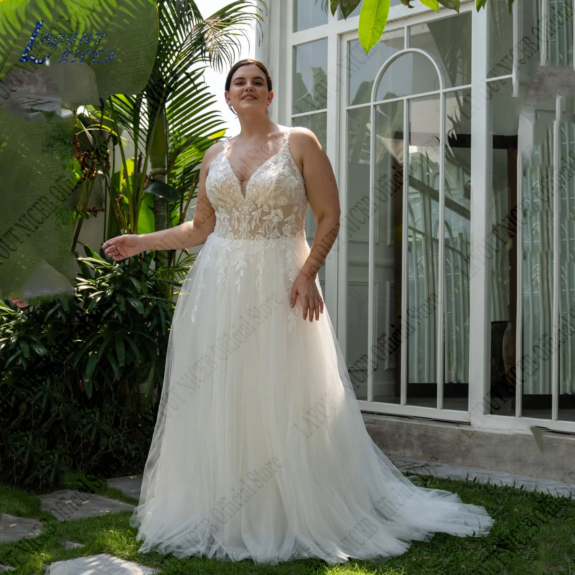 LAYOUT NICEB Backless Plus Size Wedding Dresses 2024 Bride A-Line Applique Spaghetti Straps Vestidos De Novia Tulle V-Neck