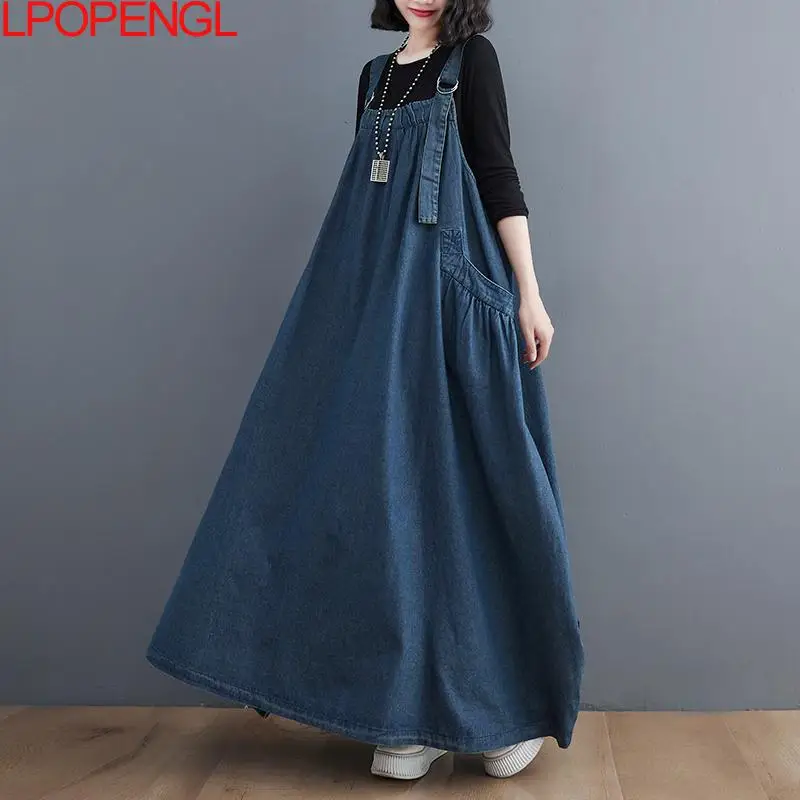 Imagem -03 - Mulher Primavera Outono Denim Espaguete Cinta sem Mangas Temperamento Vestido Feminino Oversized Tornozelo-comprimento em Linha Reta Pulôver Vestido