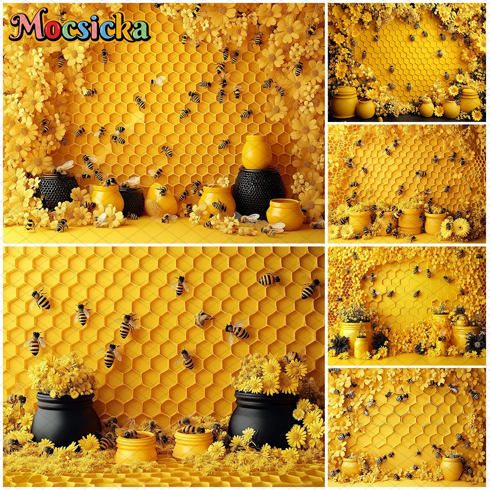

Mocsicka Yellow Honeycomb Wall Photo Backdrop Spring Bee Flower Honey Jar Decoration Baby Child Birthday Party Easter Background