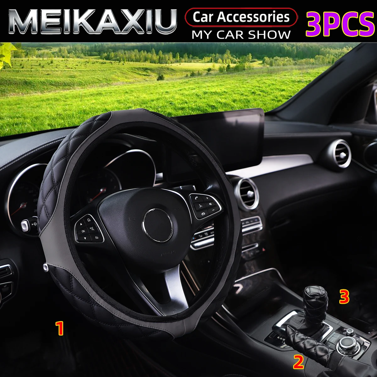 3PCS PU Leather Embroidered Steering Wheel Cover Set for 38CM Rimless Car with Brake Handle And Gearshift Cover
