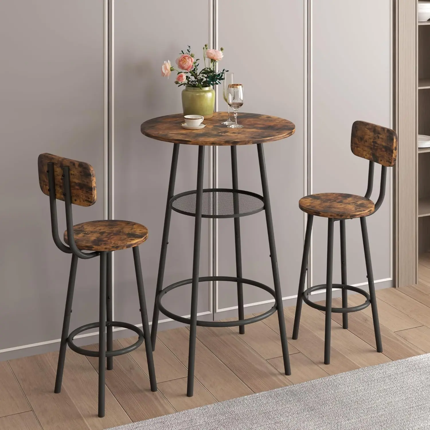 Modern Bar Table Set With 2 Bar Stools - Stylish And Space-Saving Furniture For Kitchen And Dining Areas (Brown)