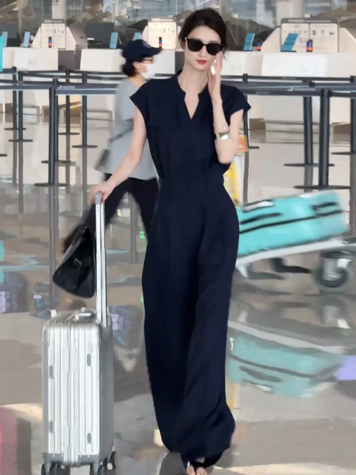 Koreanische Sle Abnehmen V-Ne ort Sve frauen Rer Hohe Taille Breite Bein Hosen Dra Sommer Faion Casual Outfit