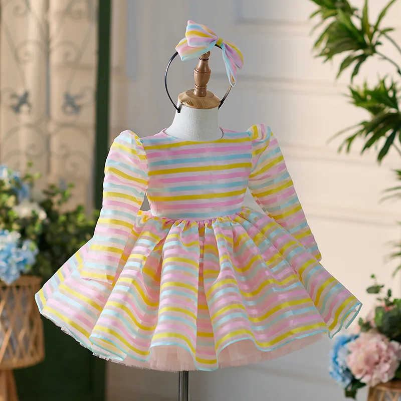 Light luxury long sleeve rainbow tulle baby dress, first birthday dress dress suitable for a variety of special occasions high-e