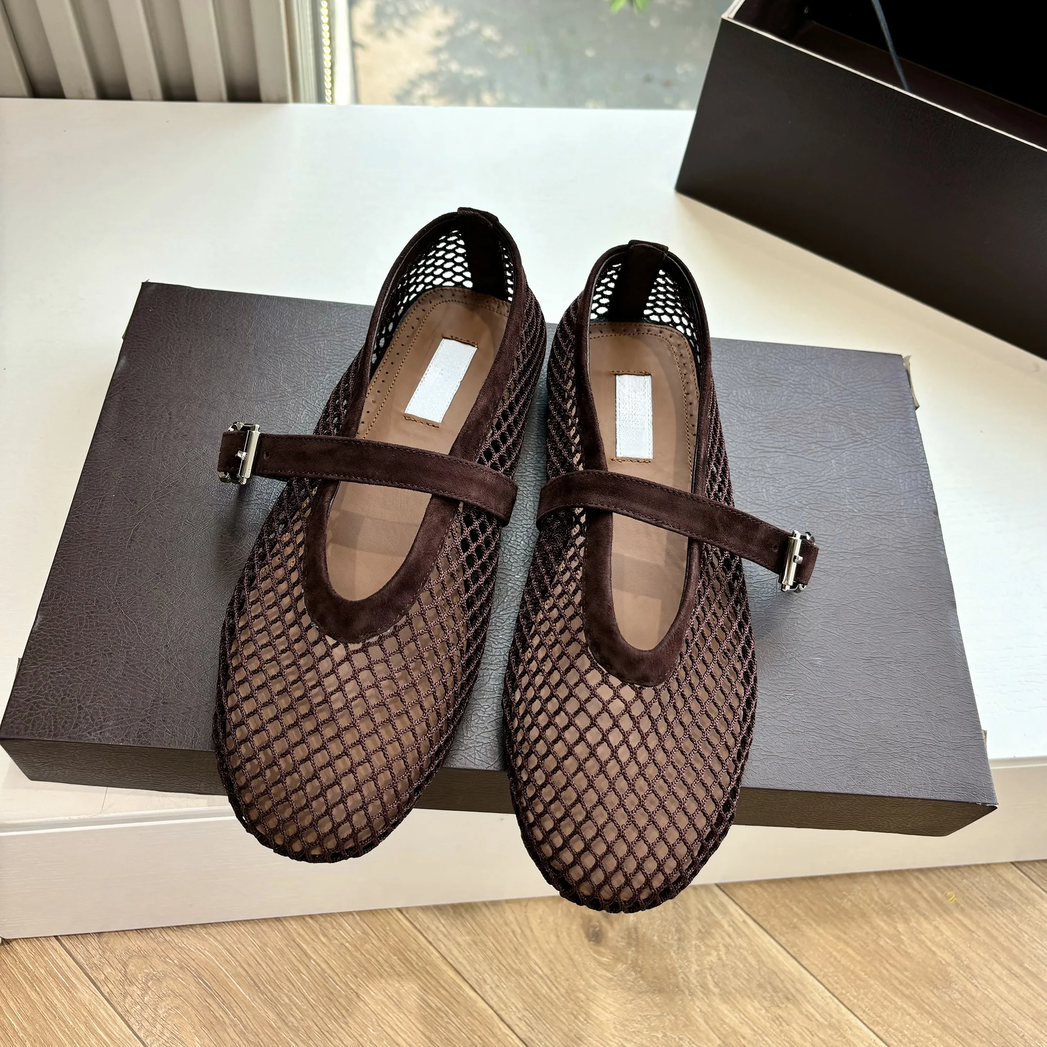 

2026 French summer breathable fishing net Mary Jane women's genuine leather round toe ballet shoes flat sole