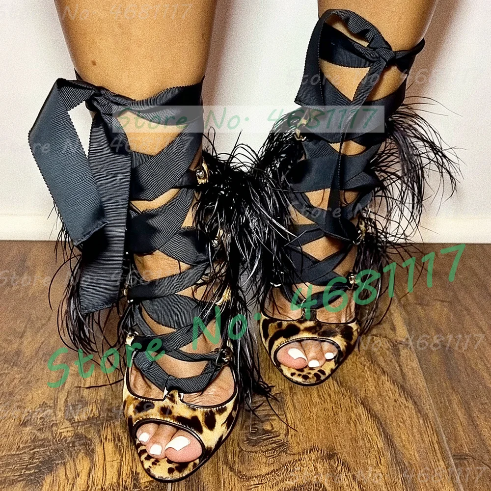 Brown Leopard Ribbon Wrap Sandals Women Sexy Flowing Black Ostrich Feather Decor High Heel Ladies Mixed Colors Gladiator Sandals
