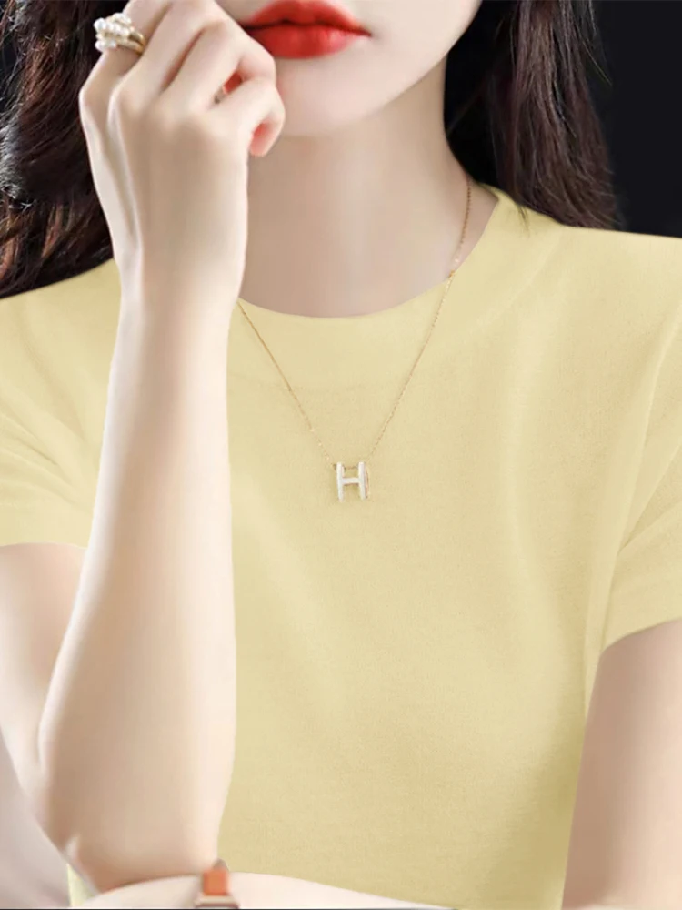 화이트 루즈 슬림 또는 얇은 니트 여름 신상 얇은 라운드 넥 티셔츠 여성 캐주얼 편안한 통기성