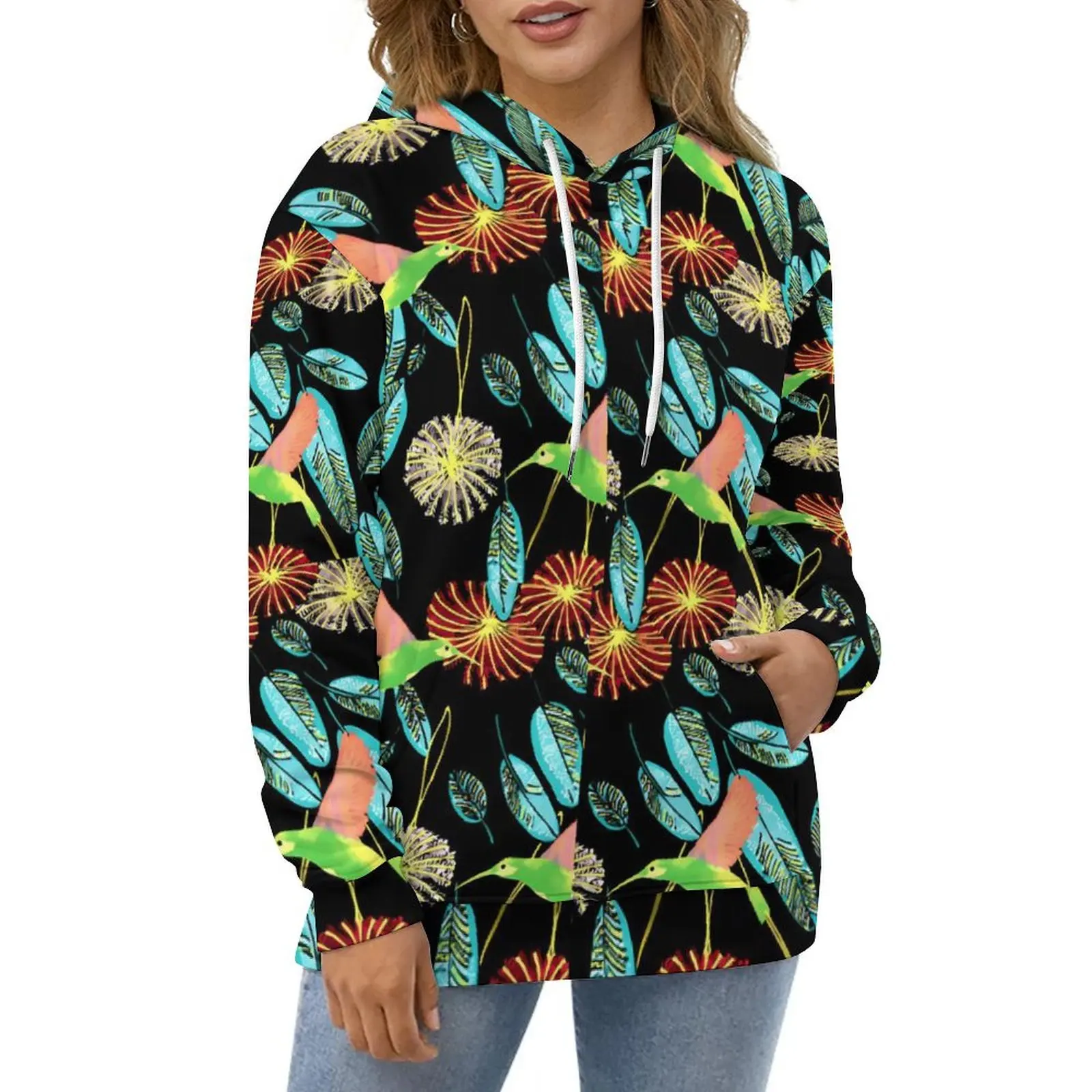 Tropical Birds Flower Casual Hoodies Green Leaves Pretty Custom Loose Hoodie Autumn Long Sleeve Street Style Oversized Clothing