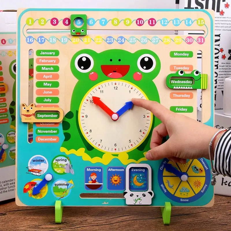 Bambini giocattoli Montessori in legno stagione meteorologica calendario orologio tempo cognizione prescolare educazione inglese giocattoli