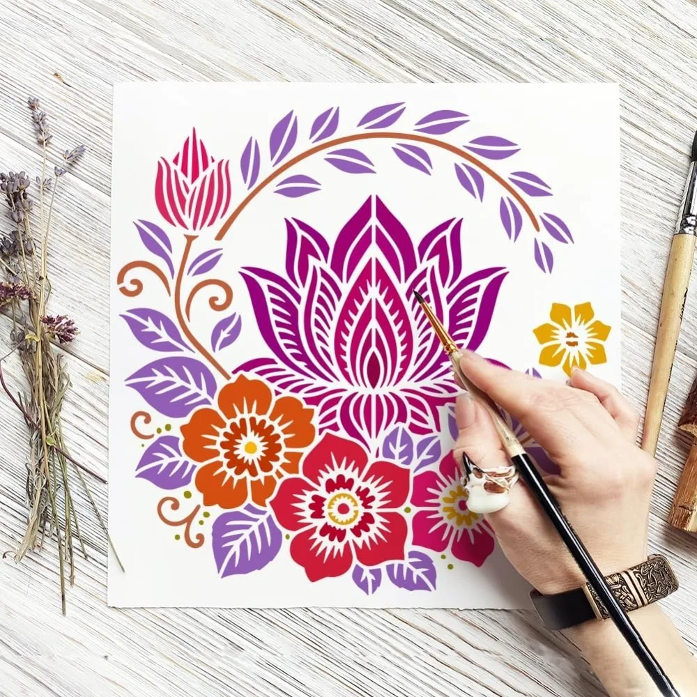 ماندالا لوتس اللوحة الإستنسل مع فرشاة 11.8x11.8 بوصة البلاستيك PET نمط الأزهار رسم قالب أوراق اللوتس المجوفة