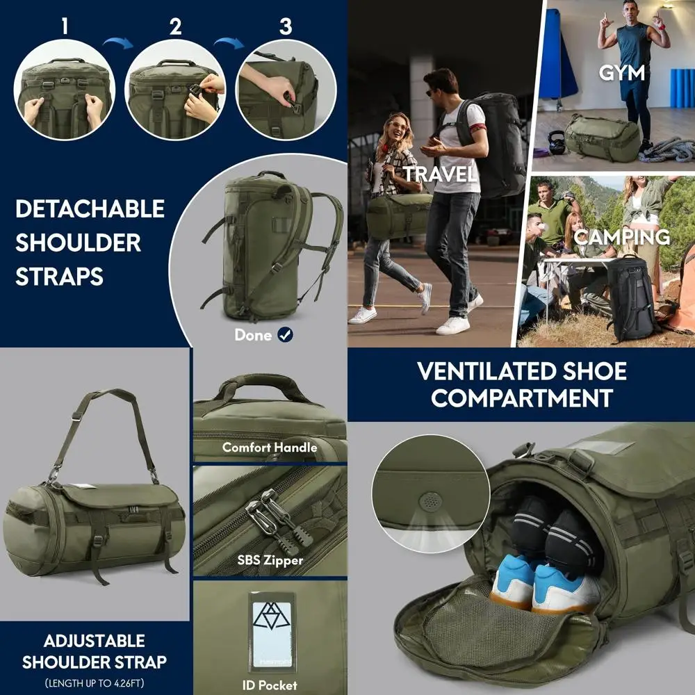 

60L Convertible Travel Backpack for Men and Women, with Shoe Compartment, Carry-On, Water-Resistant, Ideal for Gym, Hiking, Camp