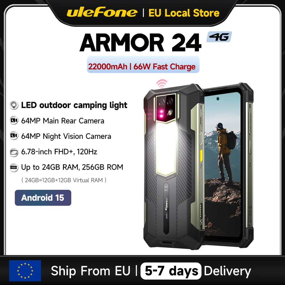 Téléphone robuste Ulefone Armor 24, 22000 mAh, jusqu'à 24 Go + 256 Go, écran 6,78 pouces 120 Hz, 64 MP + 64 MP, NFC, lampe LED, version internationale