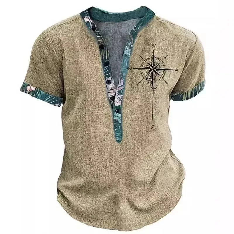 Henry Compass 3D Printed Short Sleeved Shirt, Bohemian Vacation Style, Men's Ethnic Casual Short Sleeved Button Top