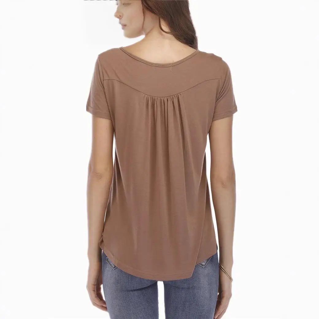 Women's T-irt with Pleated Buttons And ort Sves Loose Fit Polyester  Color Dstring Casual Top for Ladies