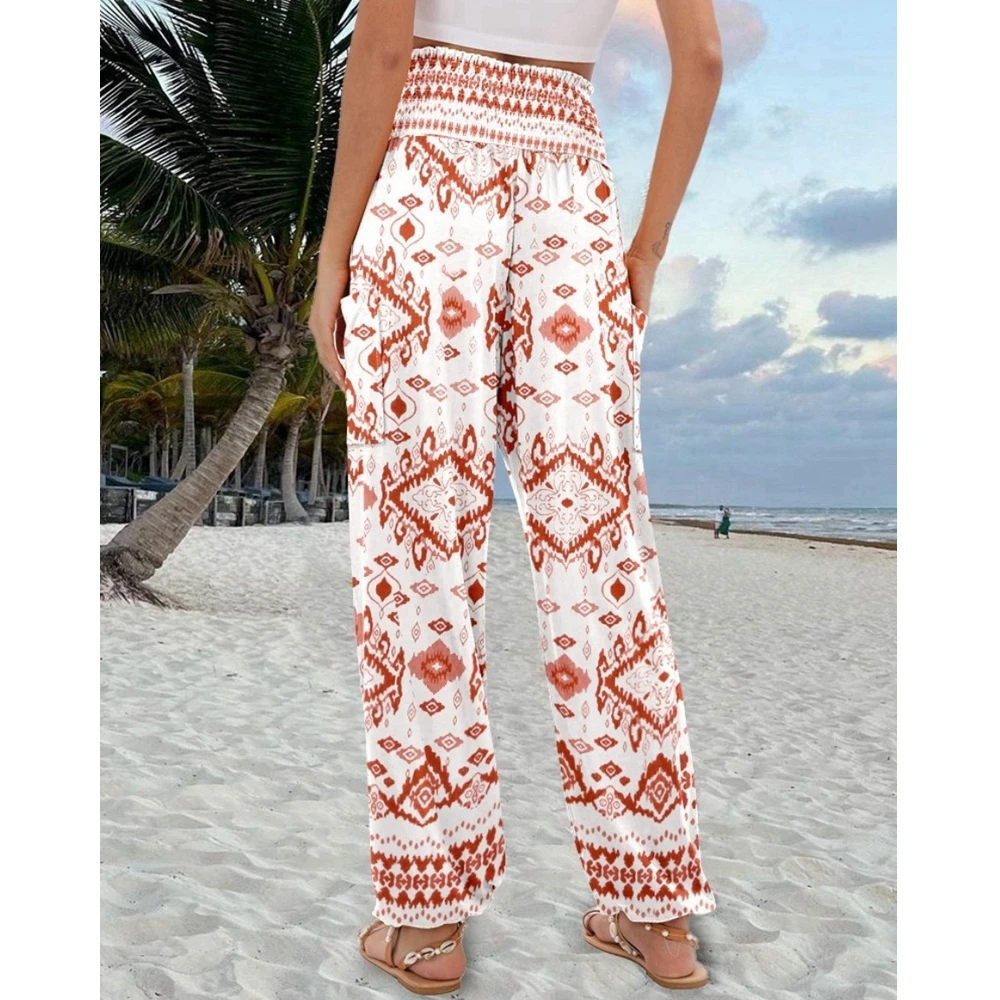 Women Fashion Streetwear Baggy Pants Shirring High Waist Pants Vintage Floral Print Cuffed Pants Casual Work Out Pants
