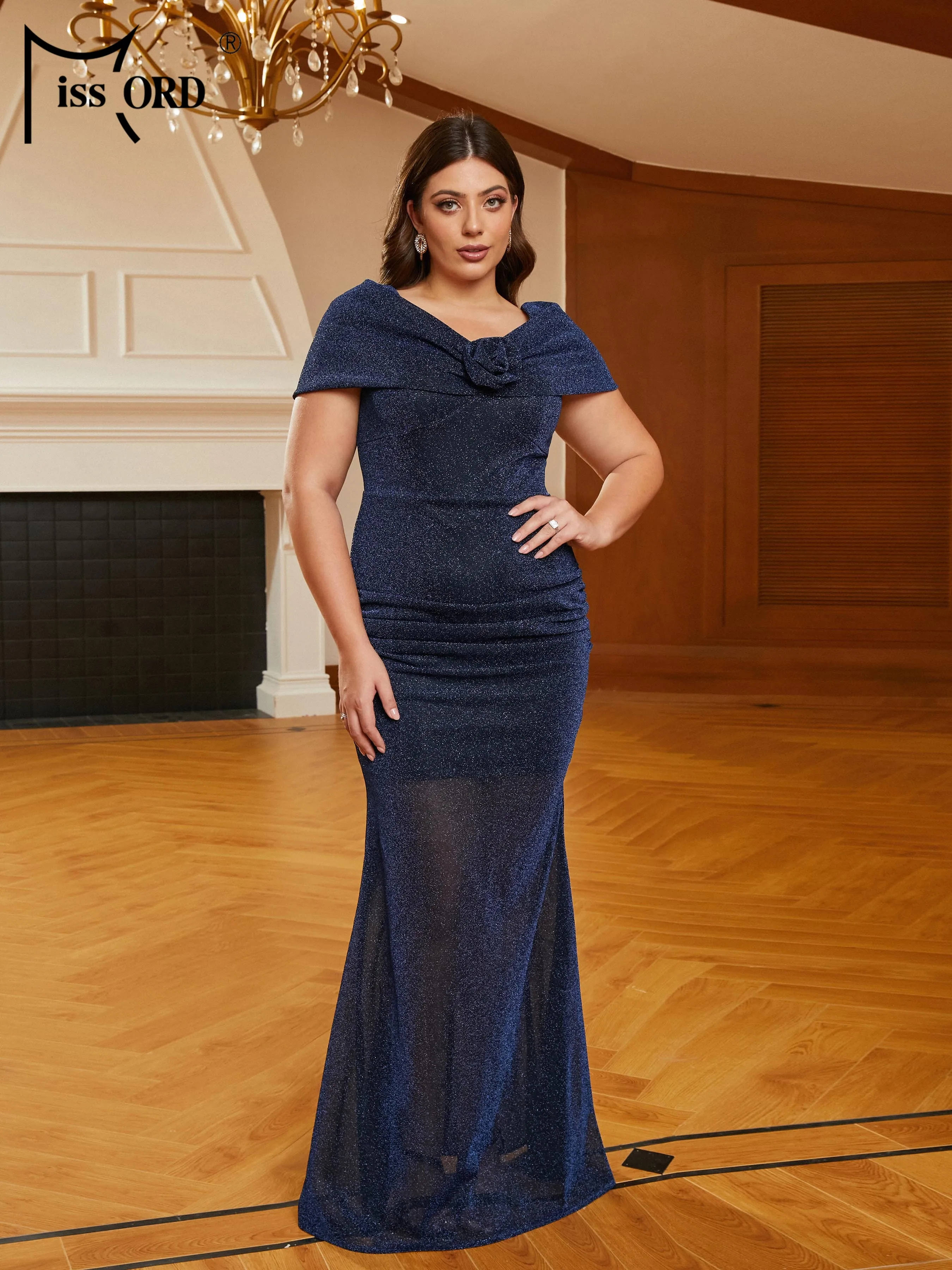 Missord New Plus Size Elegant Party Dresses For Women 2023 V Neck Short Sleeve Mermaid Evening Dress