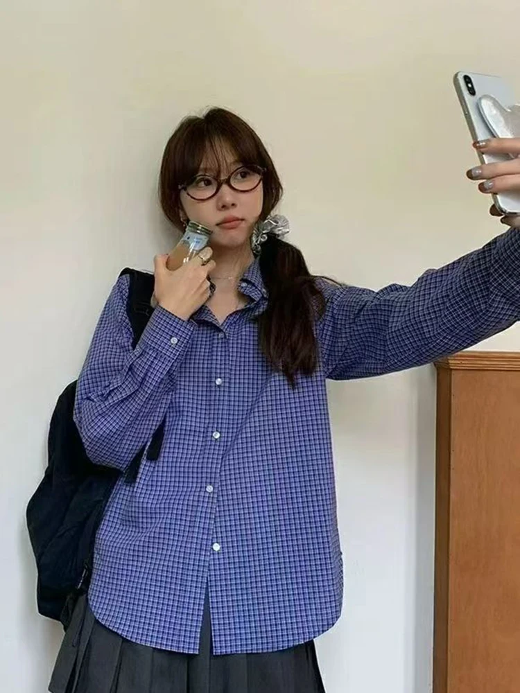 Preppy Style Blue Plaid Shirt Women Loose Long Sleeve Vintage Fall Blouse Oversize Casual Korean Retro Female All Match Tops New
