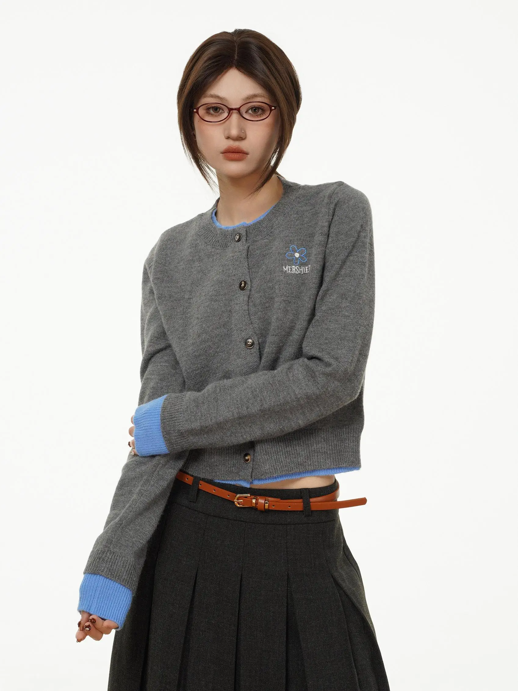 

JUNECUT, осенне-зимний новый вязаный кардиган с вышивкой букв, свитер, женская облегающая верхняя одежда, искусственная двухсекционная одежда