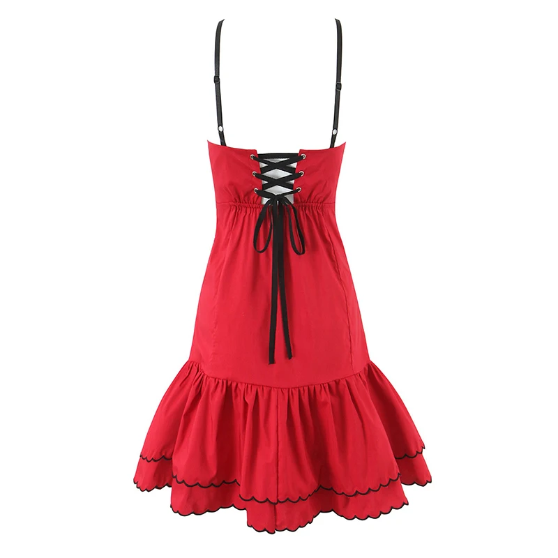 YENKYE Sexy Vrouwen Zwart Gesplitst Rode Sling Mini Jurk Voorste Knop Lace Up Zoom Ruche A-lijn Zomerjurken 2025, Party Gewaad