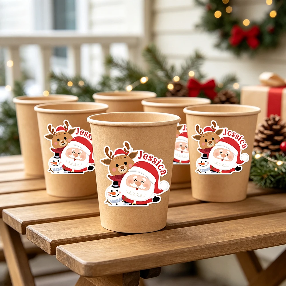 Personalized Custom Name Christmas Stickers, Santa Reindeer Snowman Xmas Name Label Stickers, Custom Text Holiday Cup & Gift Bag