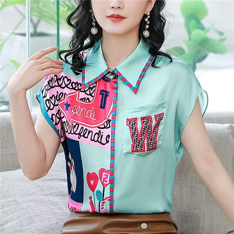 

Silk Shirt Women Summer New High-End Stylish Patchwork Printed Short Sleeve