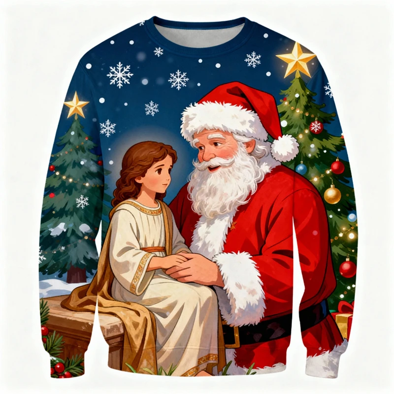 موضة سانتا يسوع الجرافيك سترة عيد الميلاد القبيحة العصرية الشارع الشهير ثلاثية الأبعاد مطبوعة عيد الميلاد بلوزات فضفاضة تنفس رجالي البلوفرات #2