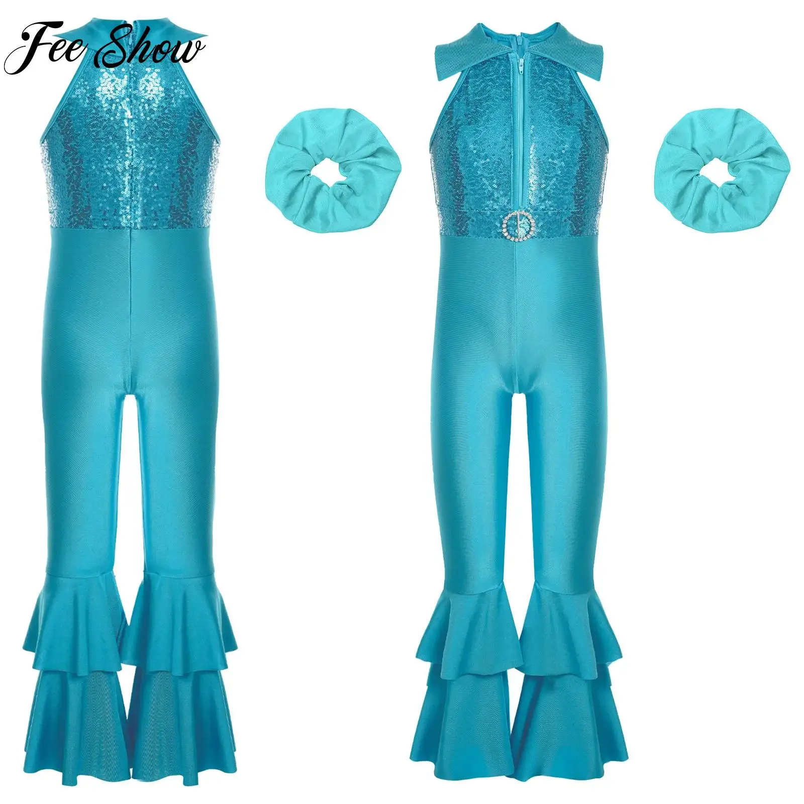 

Kids Girls Gymnastics Leotard Outfit Sequins O-ring Bell-bottom Dance Leotard with Hair for Band Skating Dance Performance Set