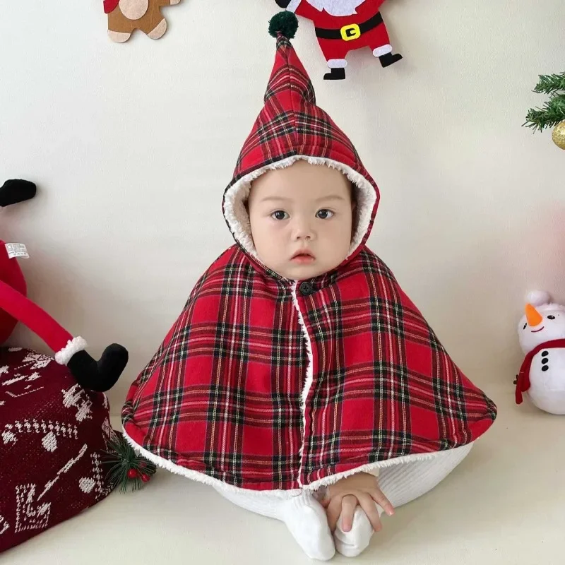 

Autumn Winter Korean Children's Cloak Ins Boys Girls Christmas Plaid Baby Autumn Winter Cloak Baby Outdoor Warm Cloak Coats