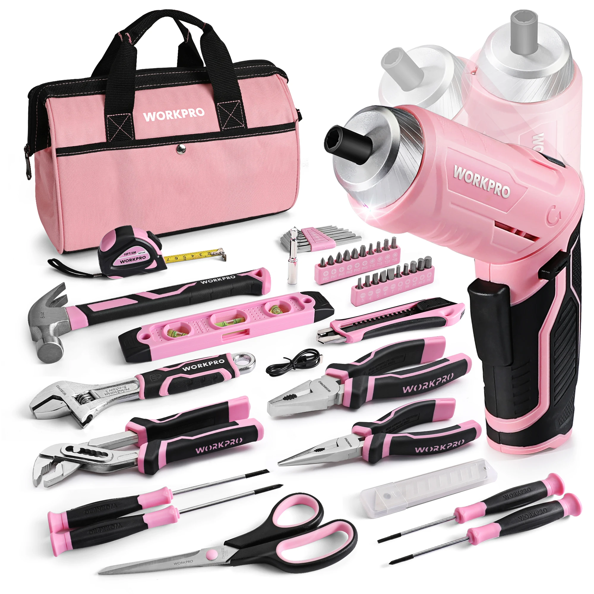 WORKPRO 53-Piece Tool Set Pink with Cordless Screwdriver Small Pink Tool Bag Filled for Household Repair with Spirit Level,