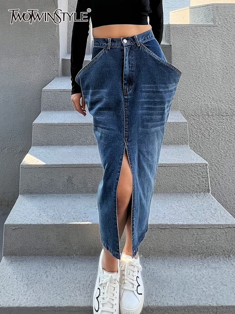 TWOTWINSTYLE Blue Denim Skirt For Women High Waist Straight Split Solid Streetwear Midi Skirts Female Fashion Clothing New 2022