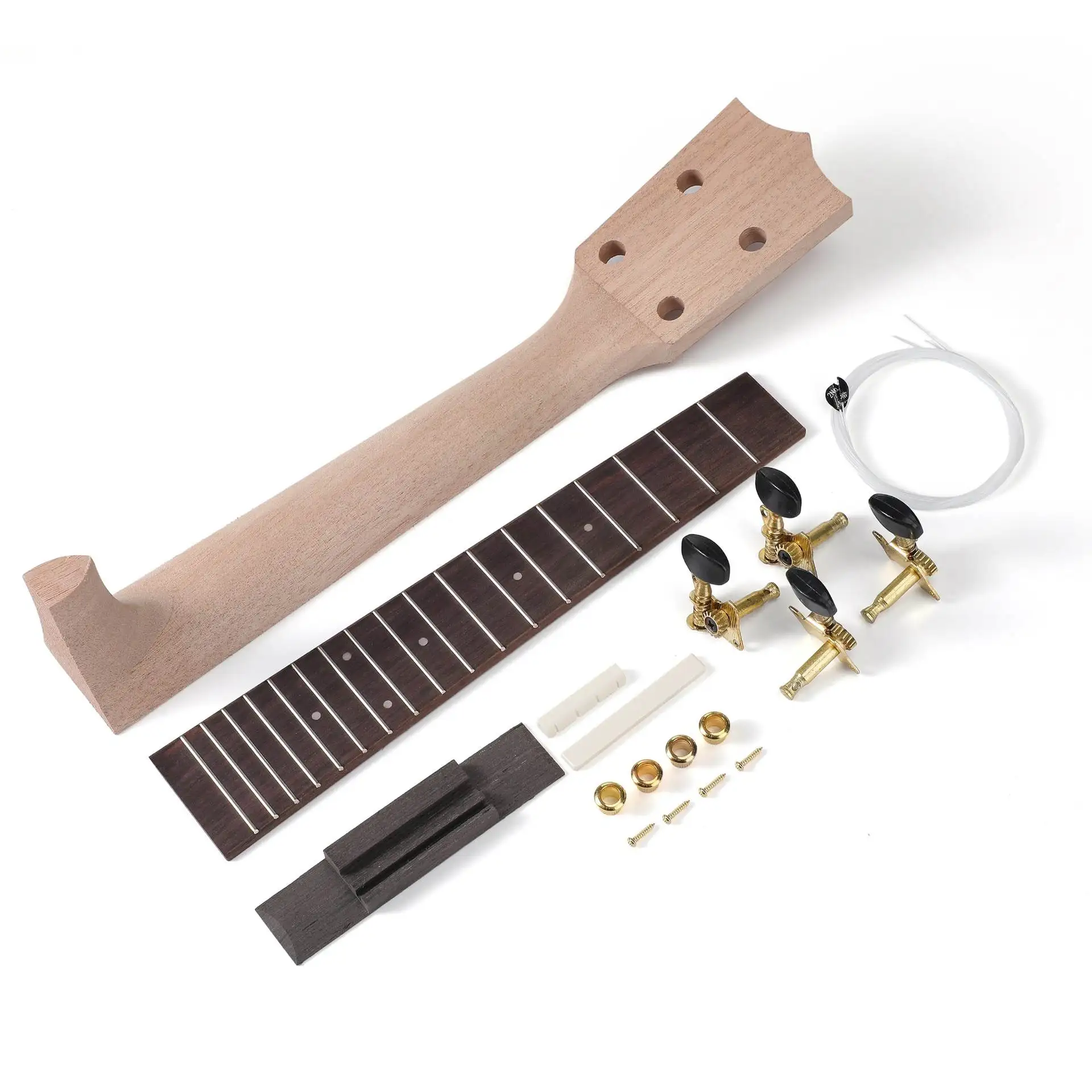DIY Cigar/Cookie Box Ukulele Neck Kit UK Neck with Strings Tuners Bridge Homemade Instrument Parts