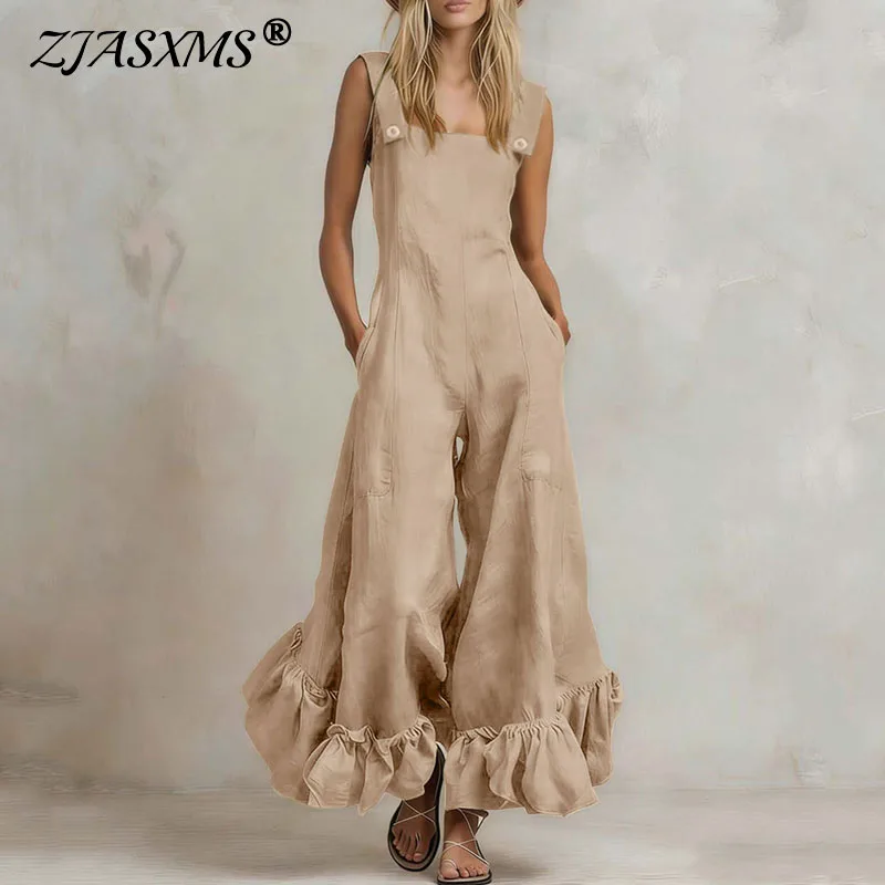 

Women Retro Casual Solid Sleeveless Jumpsuit Office Wide Leg Ruffle Hem Loose Overalls Summer Square Neck Pocket Button Playsuit