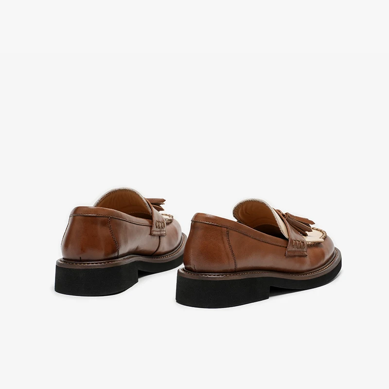BEAUTODAY Loafers Women Genuine Cow Leather Fringe Patchwork Round Toe Slip-on Mid-heel Ladies Shoes Handmade 26447