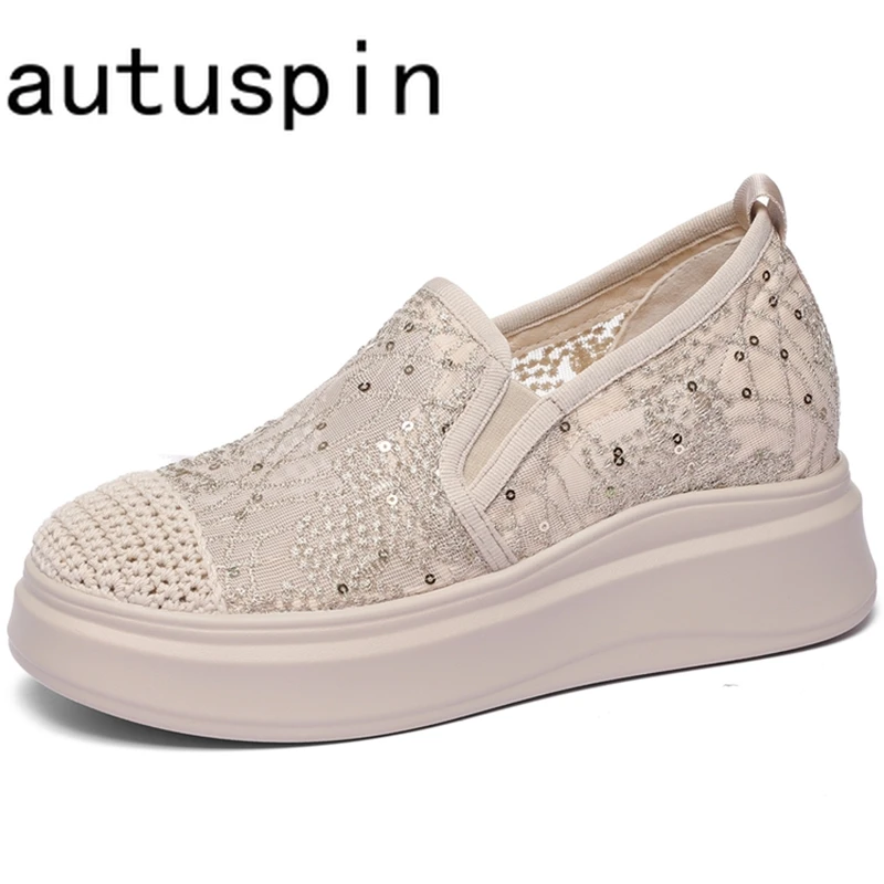 

AUTUSPIN 4cm Air Mesh Lace Pumps Women Fashion Summer Comfy Ankle Boots High Brand Bling Loafers Breathable Espadrille Shoes