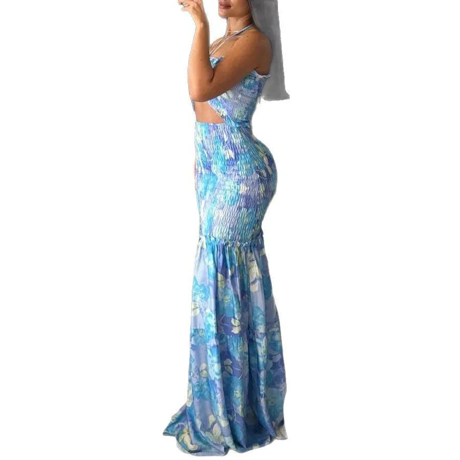 2025 Fashion High Waist Hollow Dress Women Back Lace-Off Printed Sling Long Skirt Women Floor Dress Summer Casual Pleated Skirt