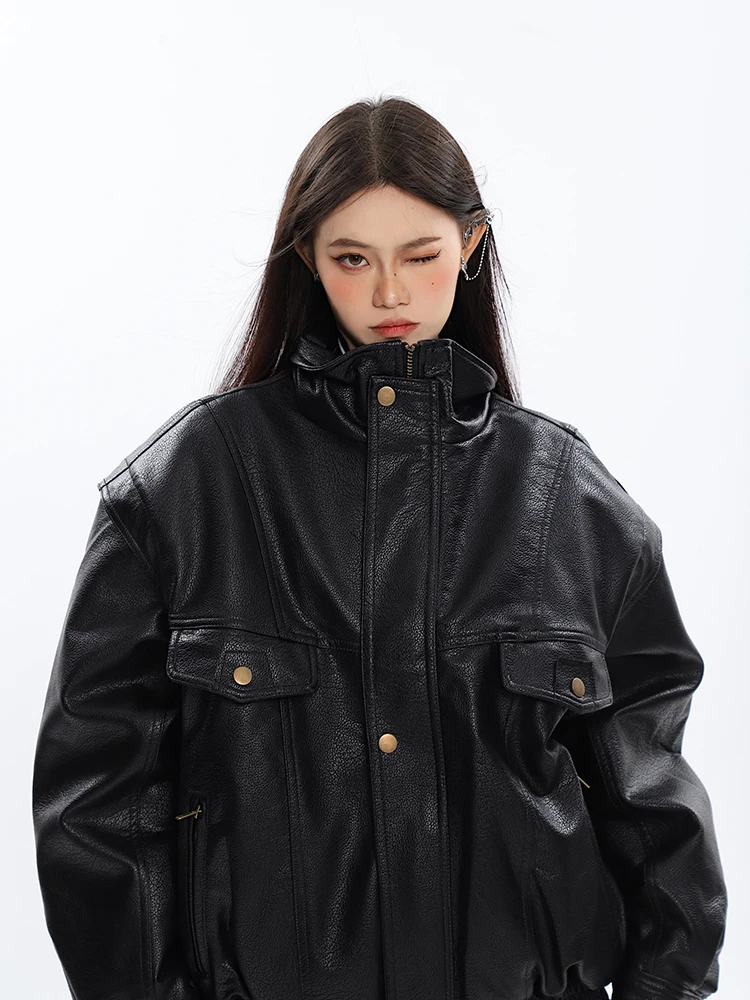 SHENGPALAE Black Coat Fashion Design Sense Niche High-end Jacket Leather Motorcycle Overcoat Women 2024 Spring New Clothing 2261