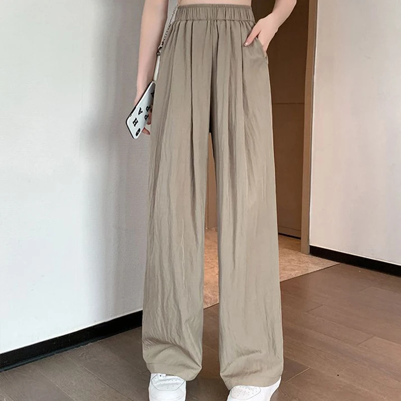 Women Fashion Loose Wide Leg Pant Summer Elastic High Waist Solid Ladies Pants Korean Casual All Match Straight Long Pants