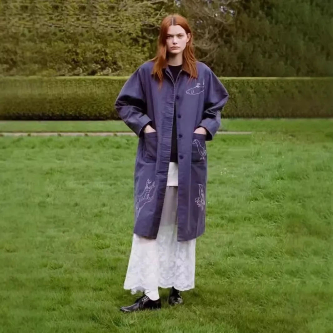 Sezanes fashion new retro corduroy jacket washed do old animal embroidery color collision lapel medium-length jacket men women