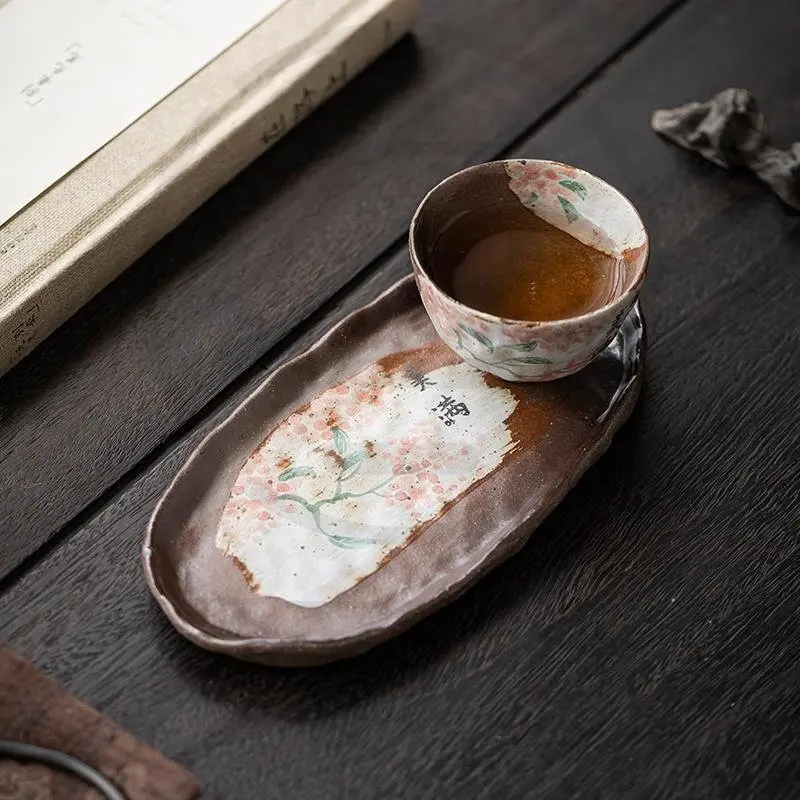 Premium Elegant Handmade Vintage Rustic Stoneware Tea Tray Small Dry Brewing Chinese Style Handpainted Home Office Desk Ornament