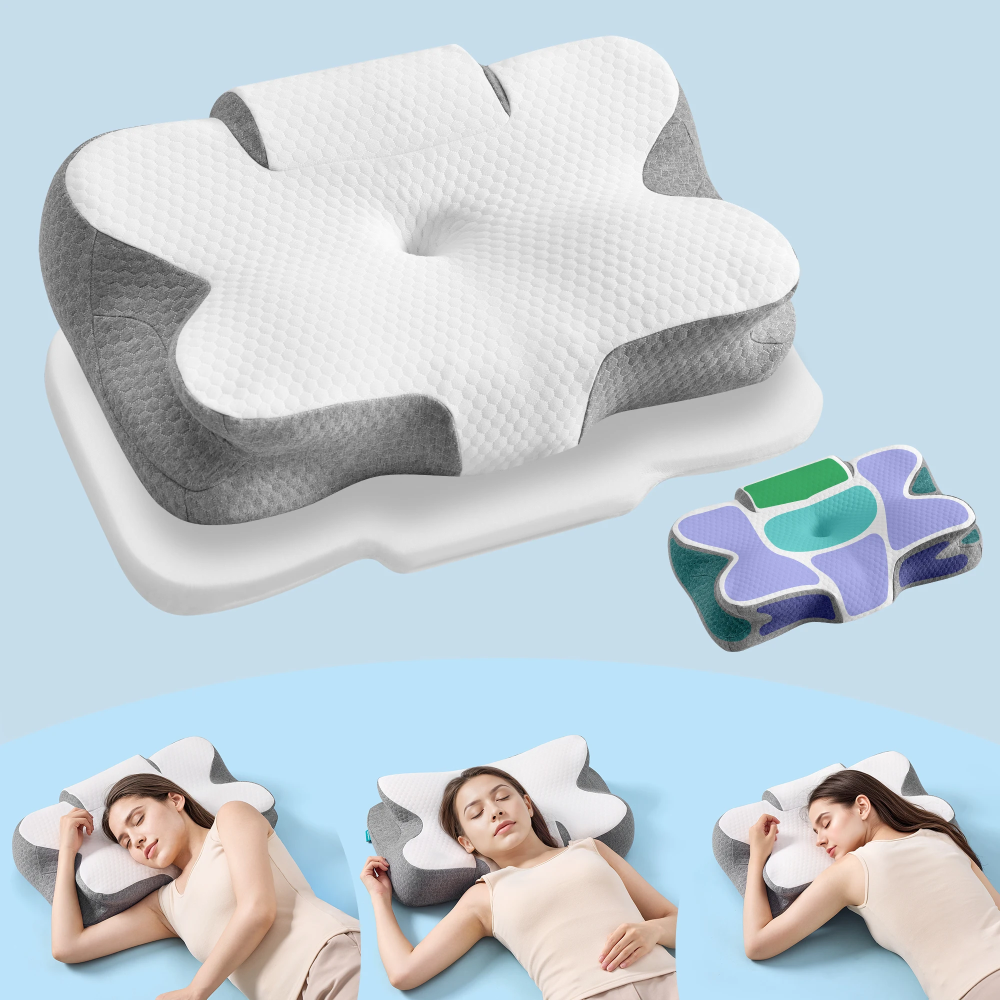SONGMICS Kopfkissen, Kissen ergonomisch, Nackenkissen, höhenverstellbar, Memory Foam Kissen, weiß-grau