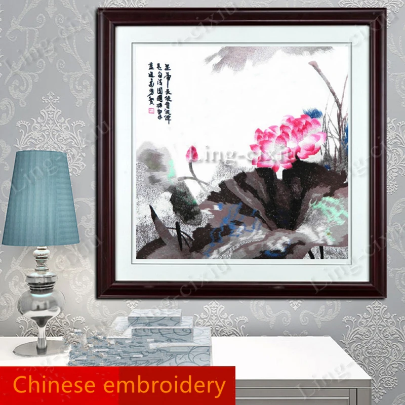 Mural Suzhou embroidery double hoof lotus ink painting living room office hotel cafe interior decoration painting high-end gift