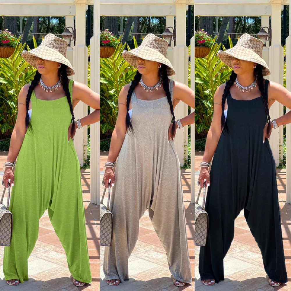 

HAOOHU summer new fashion women's casual solid color sexy wide-legged strappy jumpsuit comfortable basic versatile large size