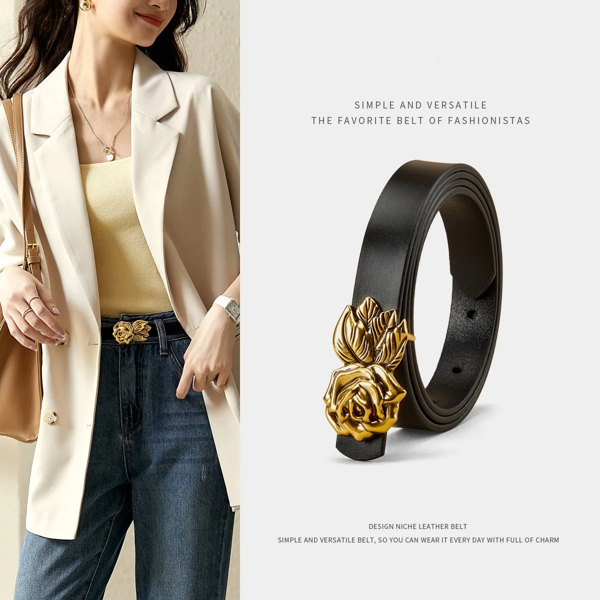 

Women's genuine leather belt, fashionable and light luxury design decorative thin belt, with suit skirt jeans casual all-match